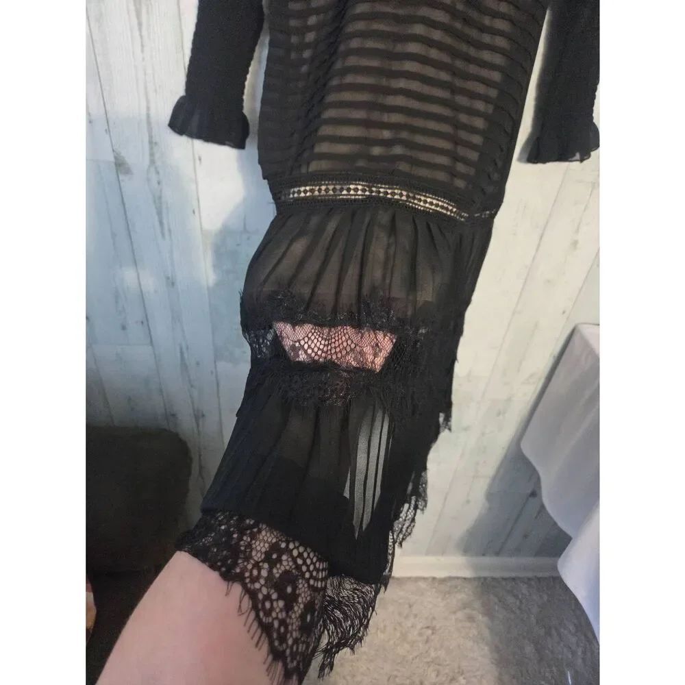 Cate Cat Midi Whimsygoth Illusion Chiffon Lace Poet Bishop Sleeve Dress Sz. M - Picture 9 of 11